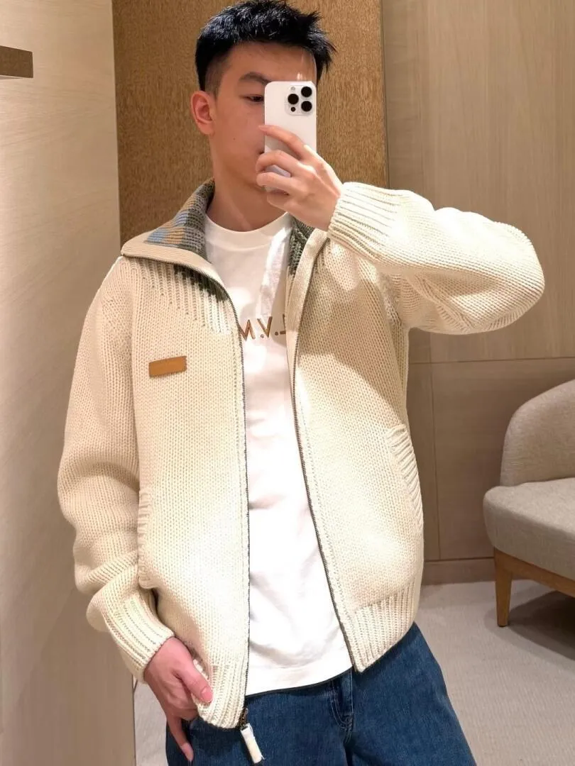 Louis Vuitton/Louis Vuitton leather checkerboard intarsia stand-up collar sweater jacket